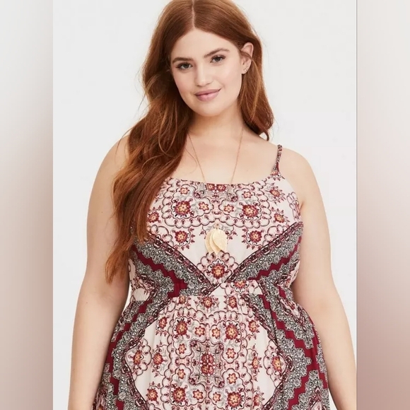 Torrid  Red Black Handkerchief Print Maxi Challis Tiered Dress 2X NWOT - Picture 2 of 16